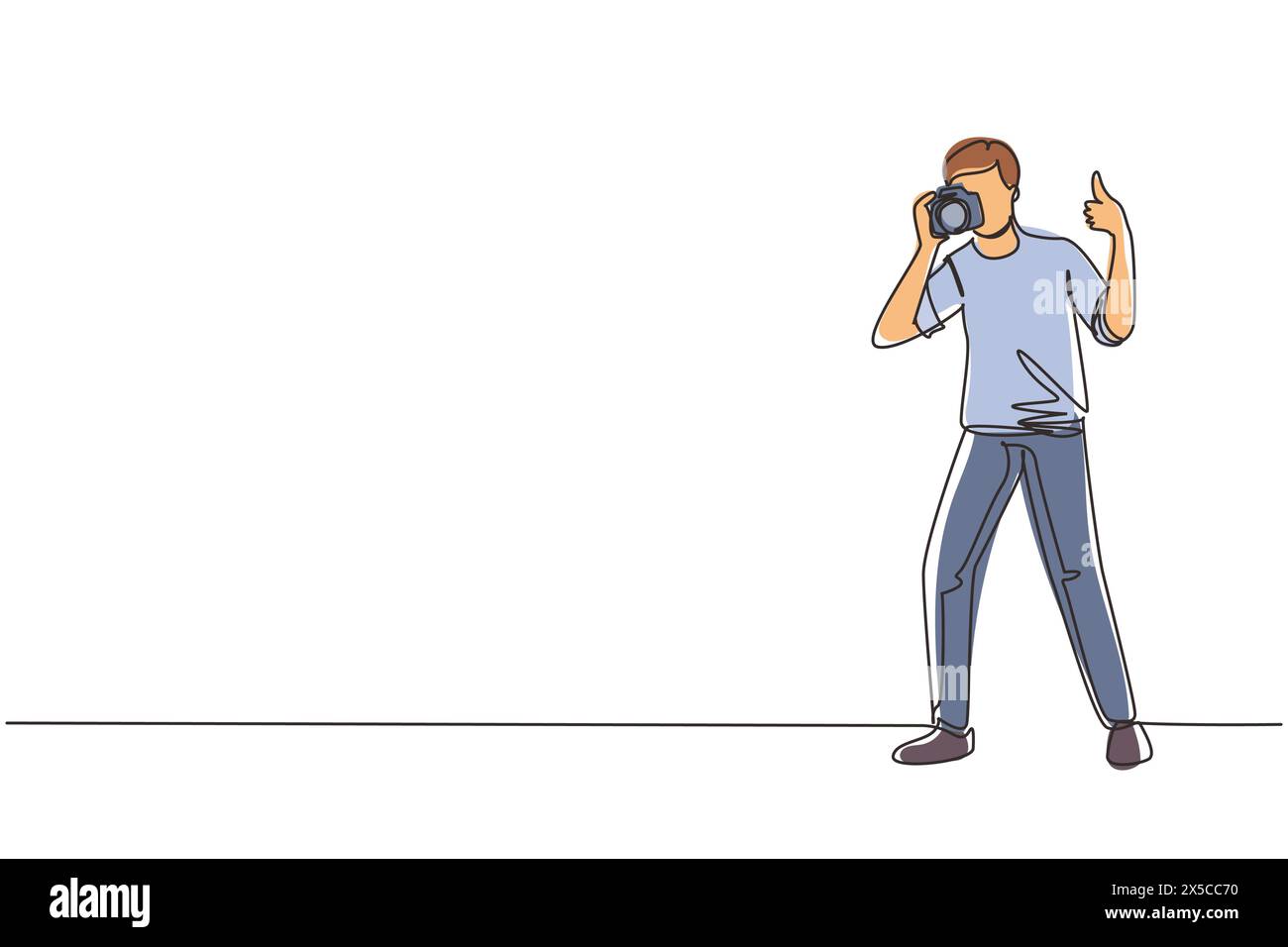 Fotografo con linea continua singola in piedi, movimenti del pollice verso l'alto, fotocamera e fotografia. Professione creativa o professione. Acceso Illustrazione Vettoriale