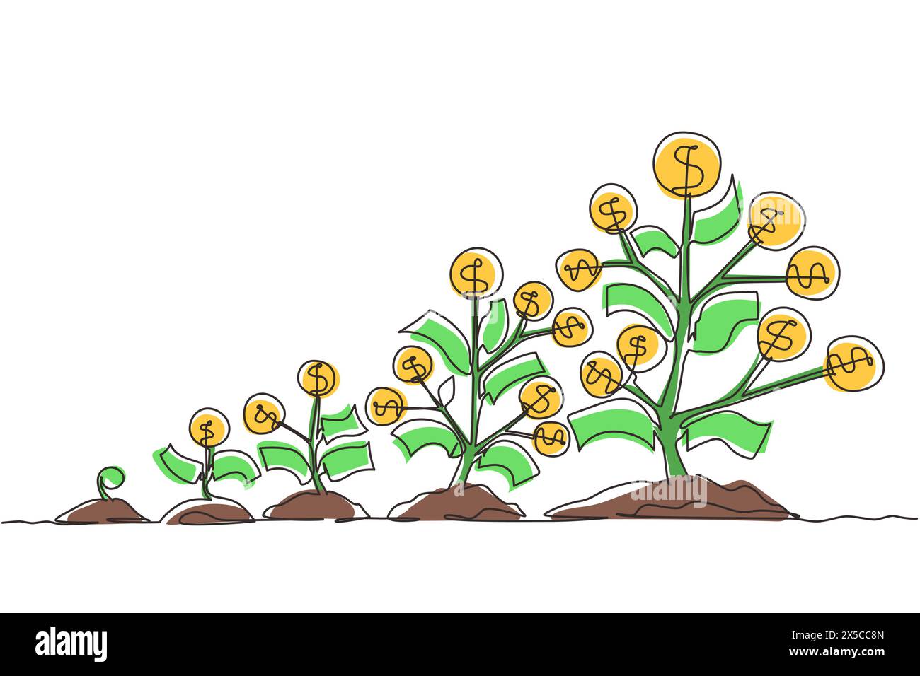 Singola linea disegnando germogli, piante, alberi di soldi che crescono icona. Step of Coins si accumula, denaro, risparmio e investimenti o pianificazione familiare. conti moderni Illustrazione Vettoriale