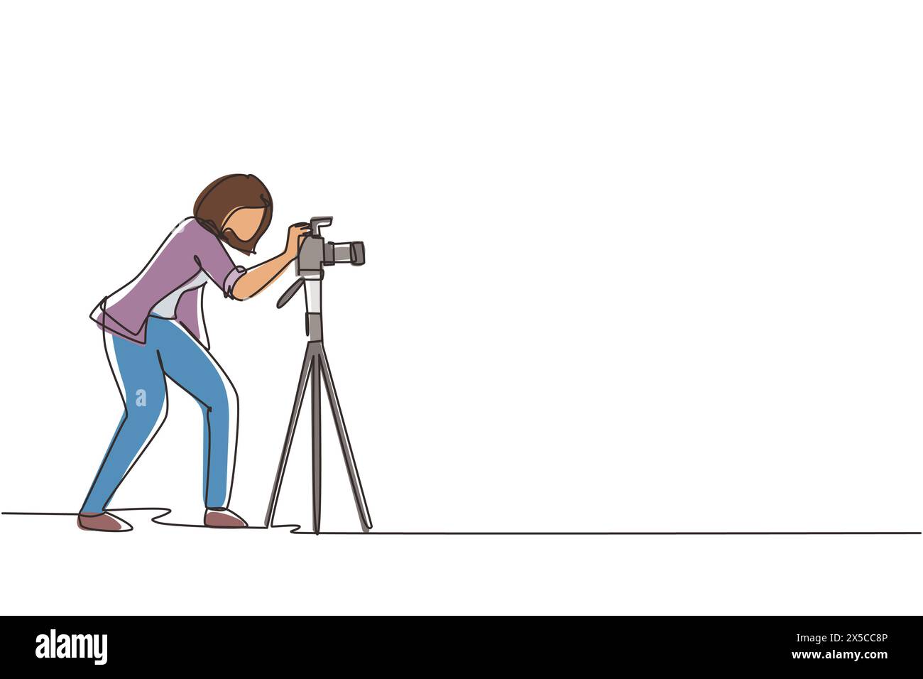 Linea singola continua che disegna super attrezzatura fotografa donna, donna che tiene in mano, mira le fotocamere con treppiede in piedi, accessori per il trasporto di foto Illustrazione Vettoriale