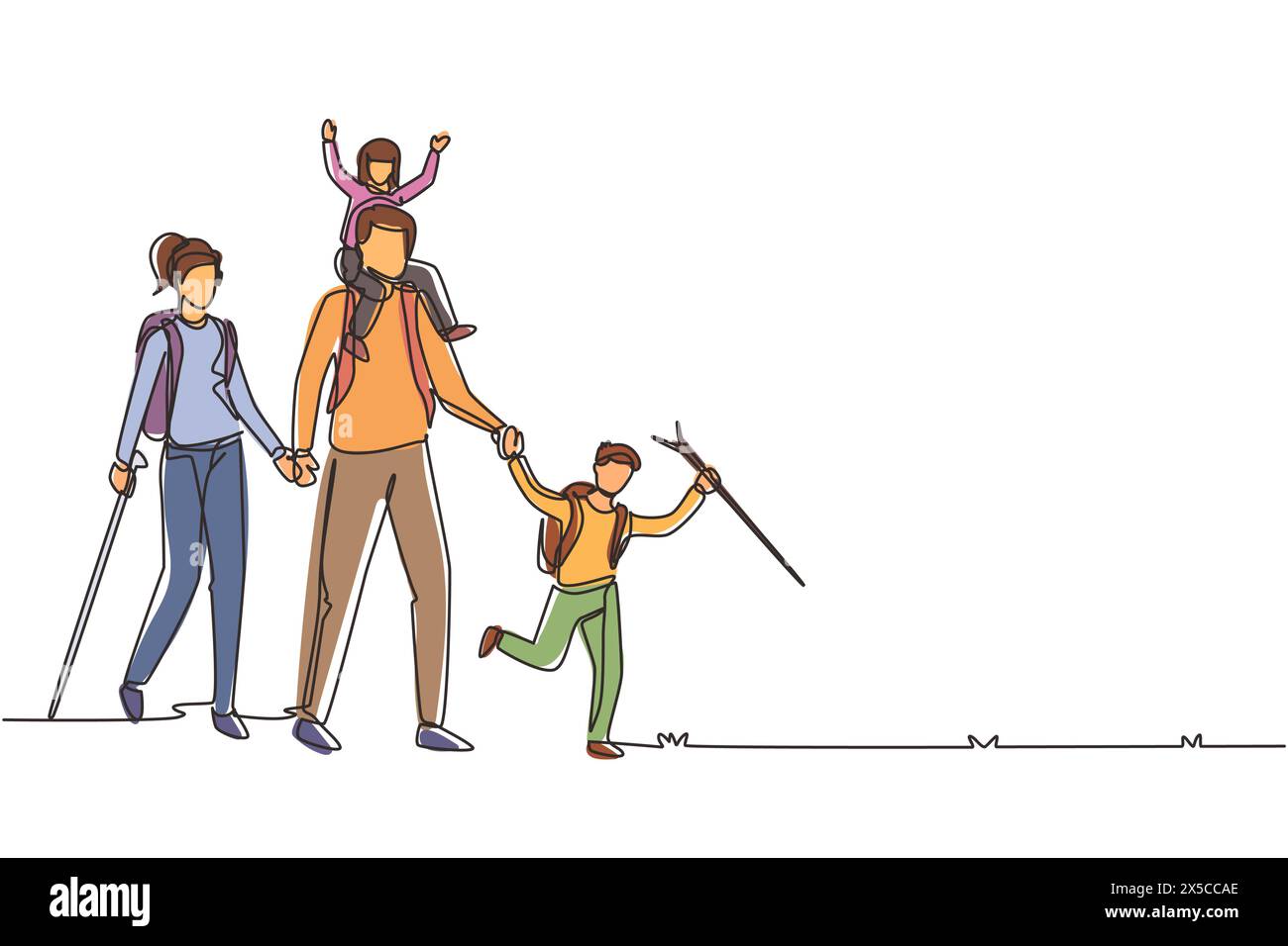 Una linea continua che disegna una famiglia felice sta facendo escursioni nella foresta. Padre, madre e bambini camminano e campeggiano con zaino in mezzo alla natura. Dinamico o Illustrazione Vettoriale