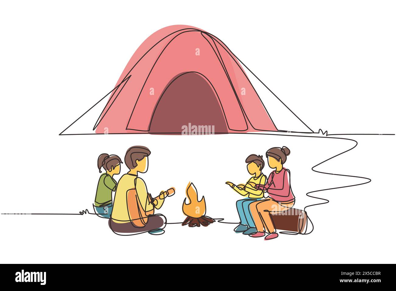 Una sola linea che attira la famiglia del campeggio scalda il corpo intorno alle tende da campeggio. Papa' che suona la chitarra, mamma e bambini seduti a terra e i tronchi, canta la canzone Illustrazione Vettoriale