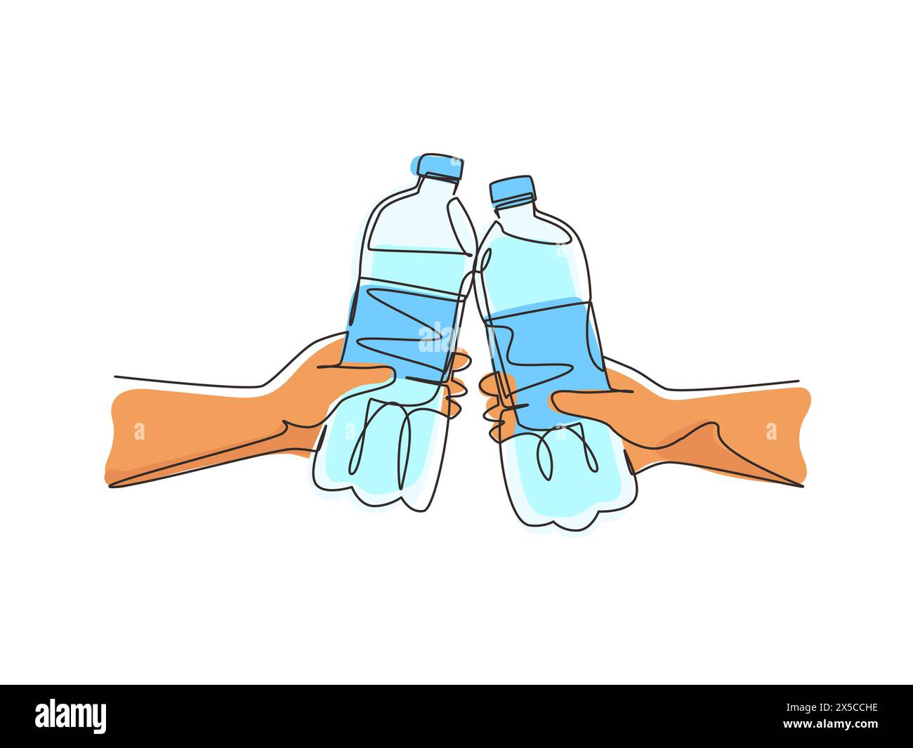 Disegno continuo su una linea saluti. Una coppia sana che tira con una bottiglia d'acqua fresca dopo un allenamento di successo al parco all'aperto in estate Illustrazione Vettoriale