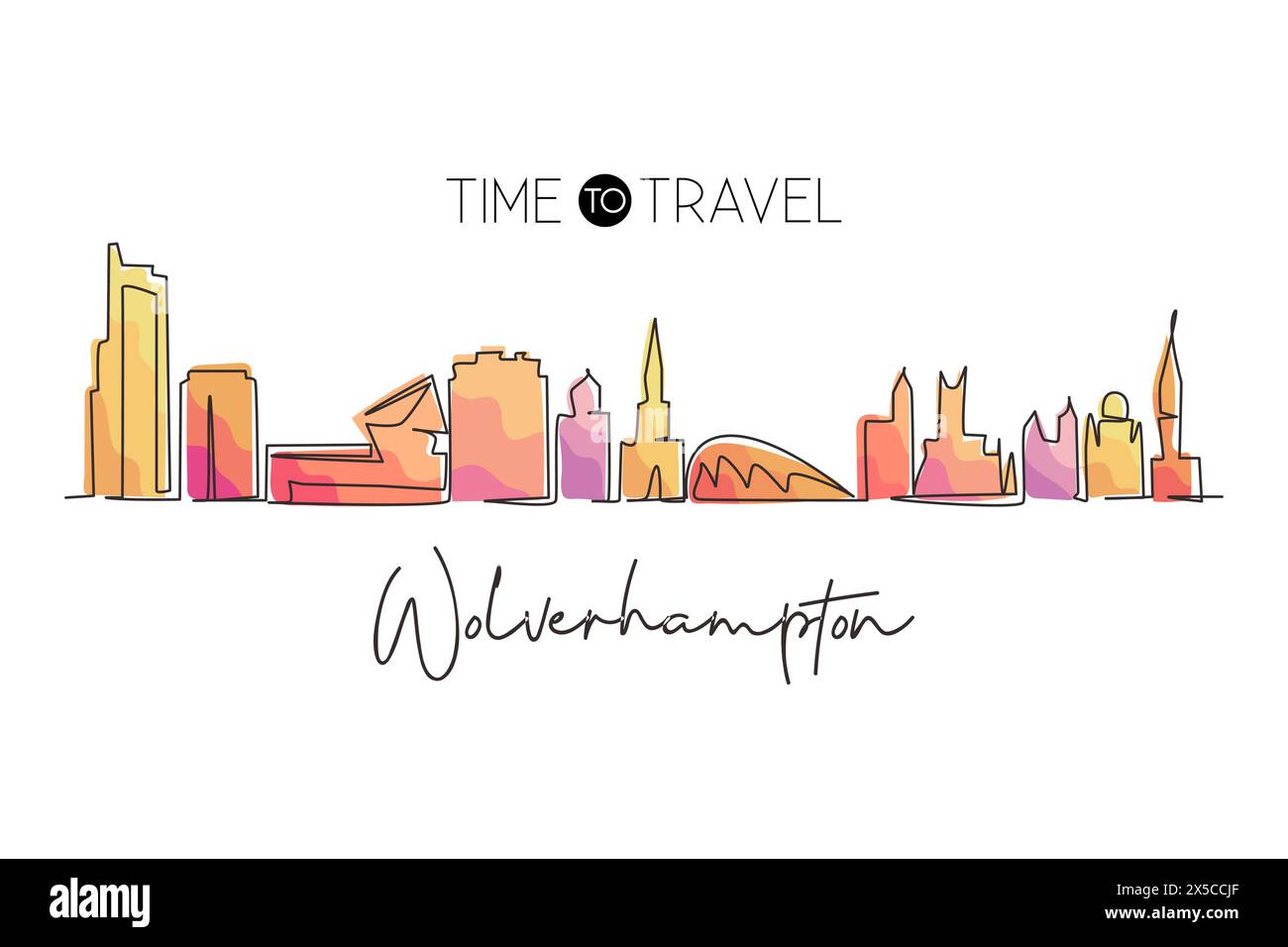 Linea singola continua che disegna lo skyline di Wolverhampton, Inghilterra. Il paesaggio storico della città. Stampa di cartoline della migliore destinazione di vacanza. Modificabile Illustrazione Vettoriale