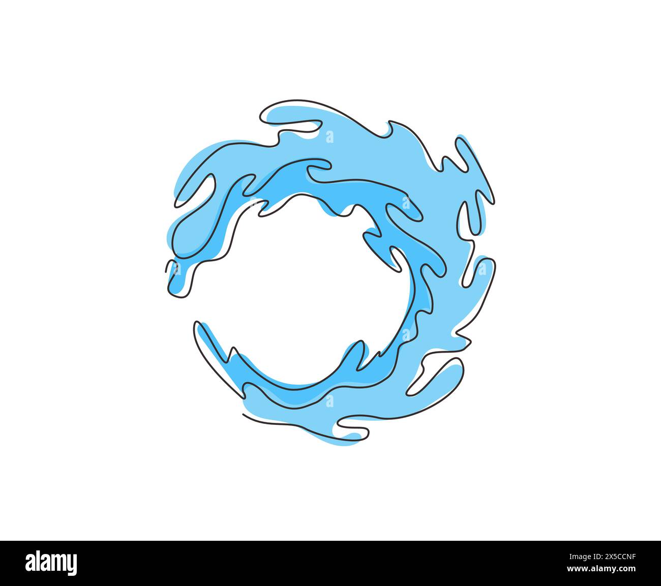 Cerchio di disegno a linea continua singolo composto da schizzi d'acqua. Primo piano dell'anello di spruzzi freschi e limpidi. Concetto di forma rinfrescante per spruzzi d'acqua. Dinamico o Illustrazione Vettoriale