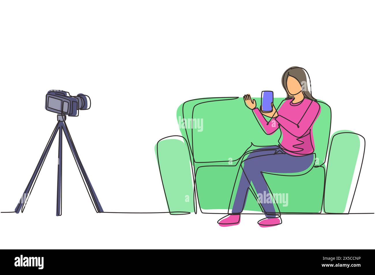 Una sola linea che disegna un'influencer donna che filma un video recensisce lo smartphone con una fotocamera dslr a casa. Blogger che pubblicizza prodotti tecnologici, streaming live. Co Illustrazione Vettoriale