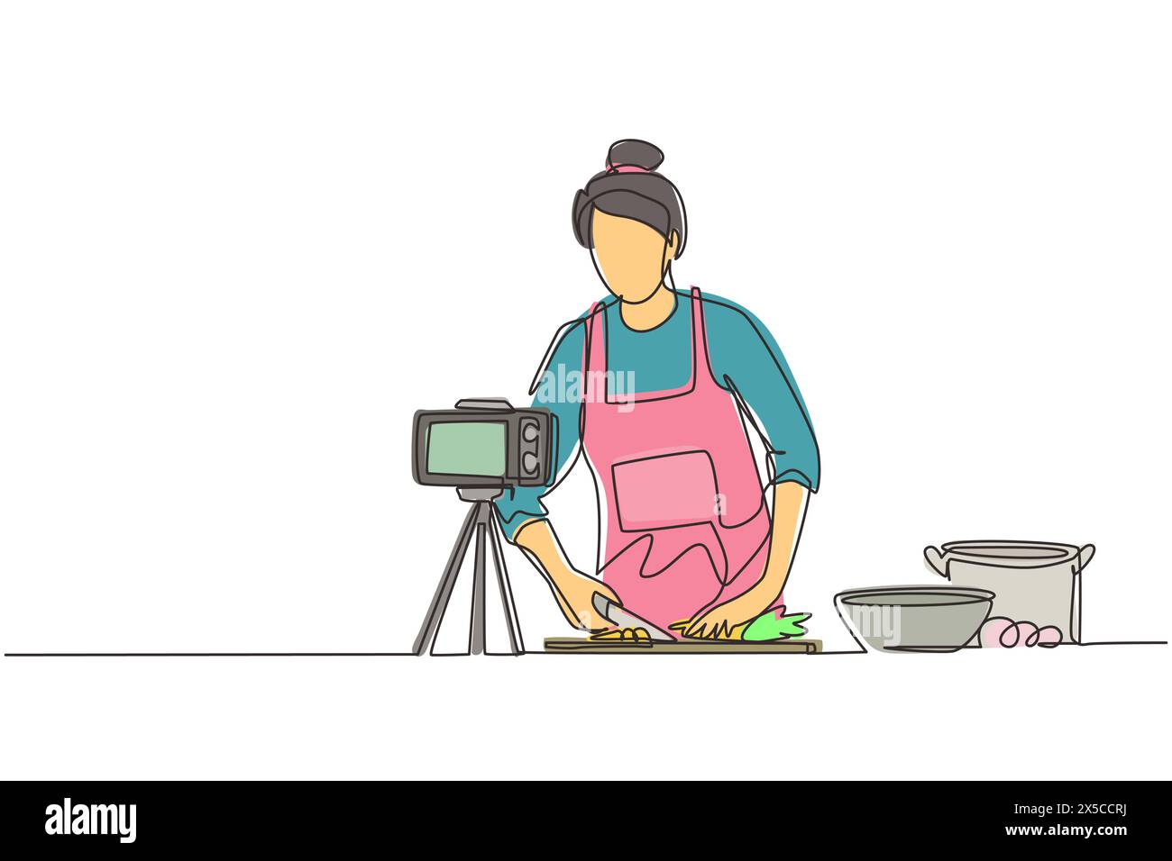 Una linea continua che disegna food blogger. Chef che cucina, registra video con la fotocamera. Canale online, streaming. La donna insegna a cucinare una nuova ricetta. CUL Illustrazione Vettoriale