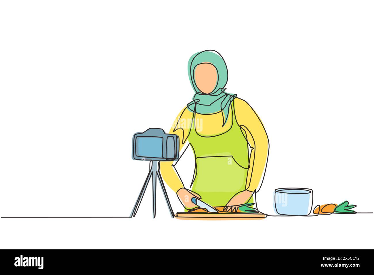 Una linea continua che disegna food blogger. Chef che cucina, registra video con la fotocamera. Canale online, streaming. Una donna araba insegna a cucinare una nuova ricetta Illustrazione Vettoriale