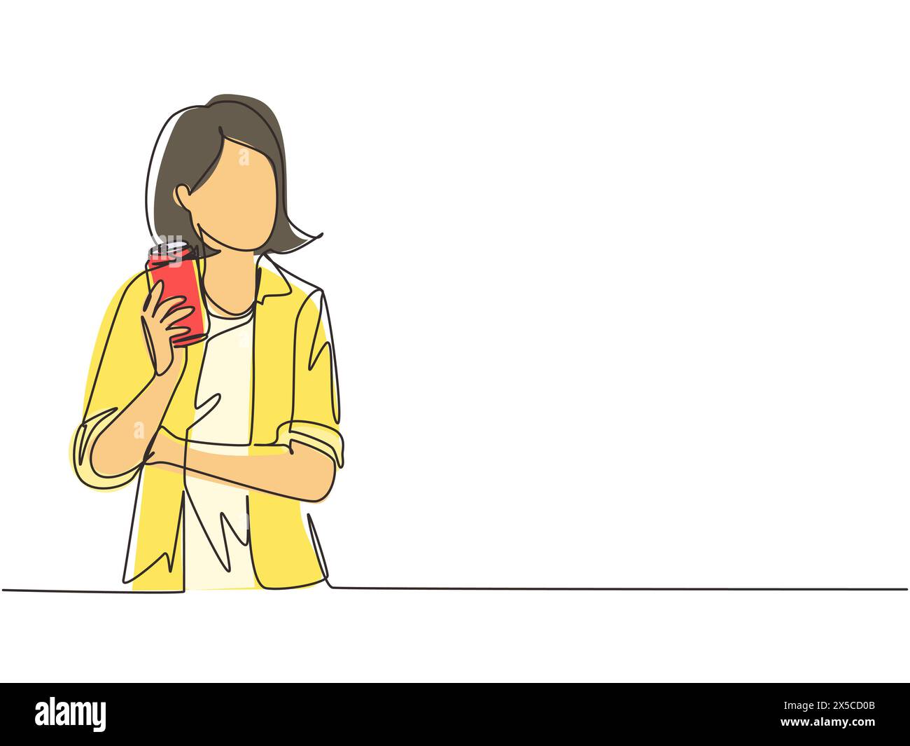 Una sola linea disegna una mano che mostra bibite rinfrescanti e lattine sedute sul divano nel soggiorno di casa. Ragazza che tiene una bevanda energetica. Continuou moderno Illustrazione Vettoriale