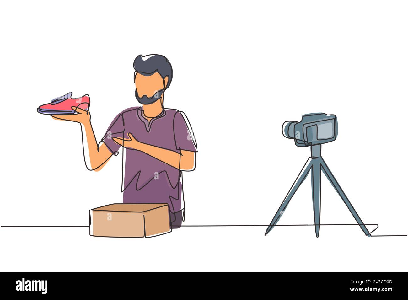 Un singolo disegno su una linea il blogger arabo maschile fa una recensione video sulla fotocamera sul tema delle sneakers. Shopping online, social media e concetto di influencer. Illustrazione Vettoriale