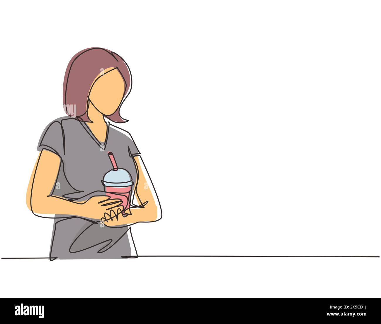 Una linea continua che disegna la giovane donna felice sta bevendo una tazza di plastica di tè a bolle di latte. Le donne possono gustare il tè al latte con cibo di strada nel mar notturno Illustrazione Vettoriale