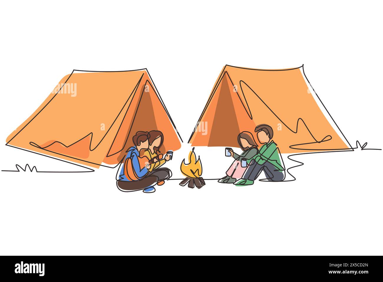 Una fila singola che disegna due coppie in campeggio intorno alle tende da campeggio. Gruppo di persone sedute a terra, bevendo tè caldo, uomo che suona la chitarra, che fa la guerra Illustrazione Vettoriale