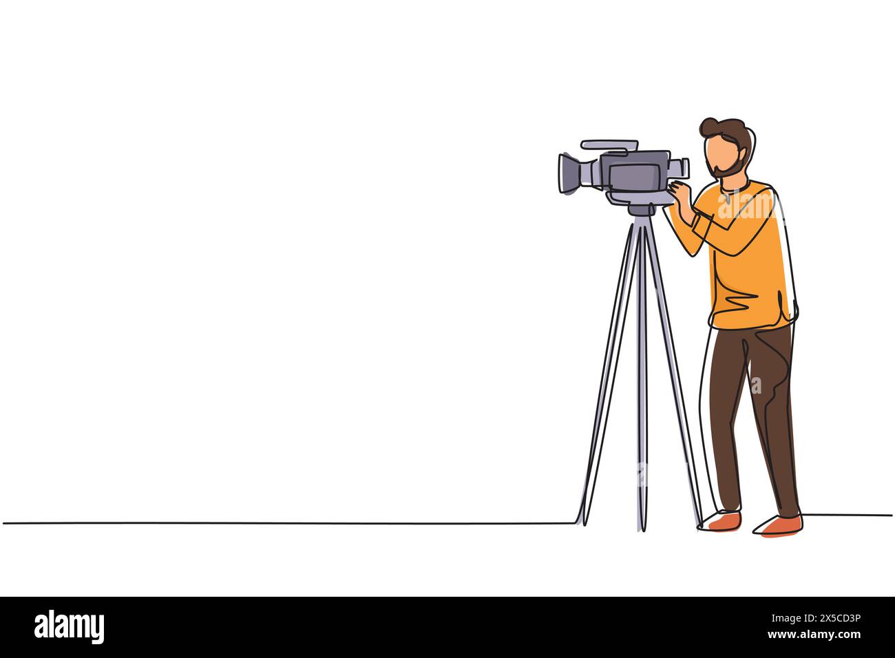 Linea singola continua che disegna cameraman arabo, operatore, operatore video in piedi con la fotocamera. Ripresa di film, trasmissione di notizie o tv Illustrazione Vettoriale