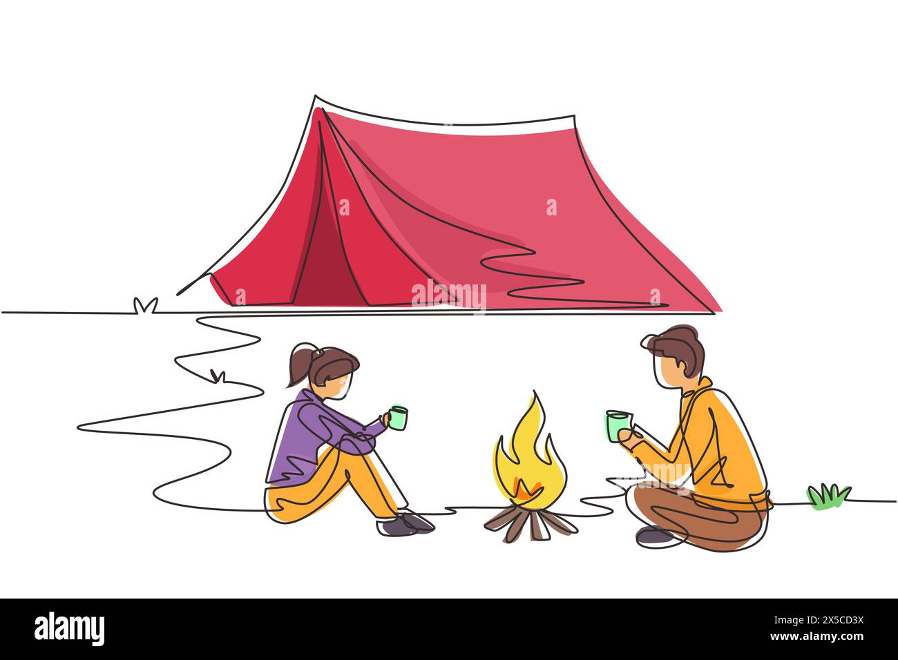 Una linea continua che disegna una coppia di campeggi o escursionisti intorno alle tende da falò. Uomo donna seduta a terra e bevendo tè caldo che si scalda vicino a bonf Illustrazione Vettoriale