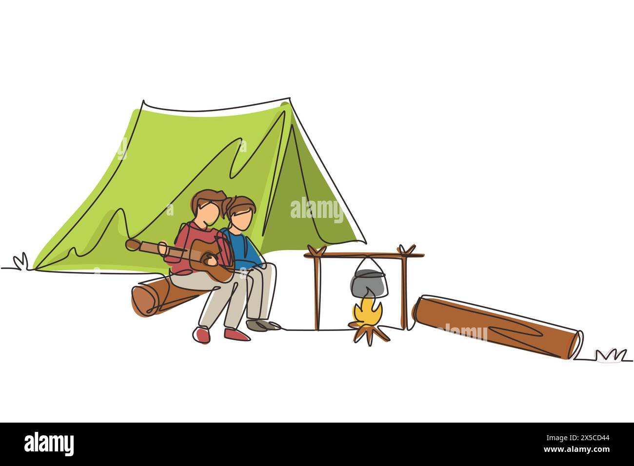 Una sola fila attira coppie di escursionisti seduti su un tronco che cucina l'acqua in pentola bollente, uomo che suona la chitarra al falò vicino alla tenda del campeggio, campeggio naturale mountai Illustrazione Vettoriale