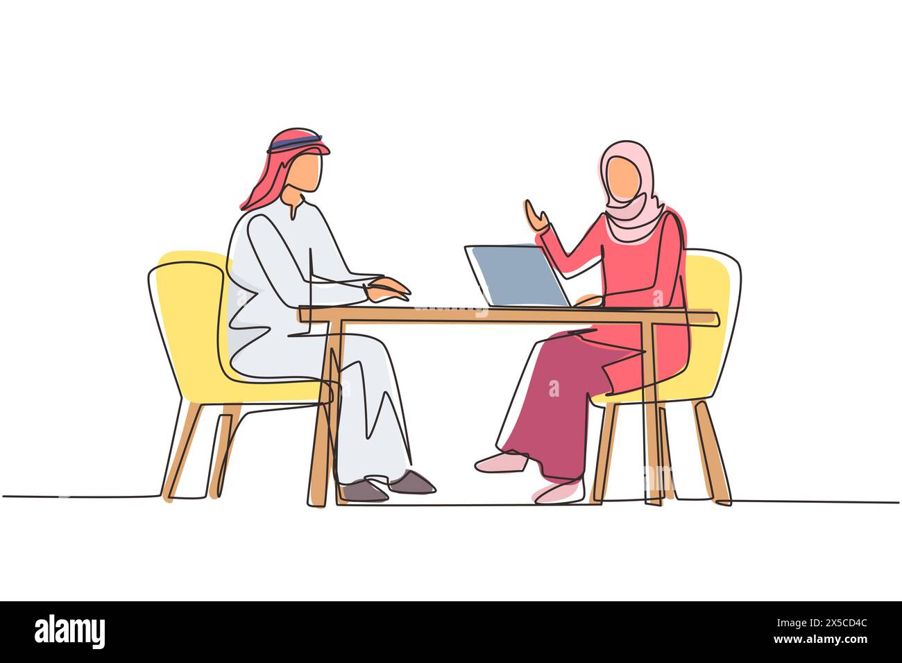 Una sola linea che disegna una giornalista araba che intervista un tizio alla scrivania. Microfono, discussione, discorso. Social media, concetto di comunicazione. Contin Illustrazione Vettoriale