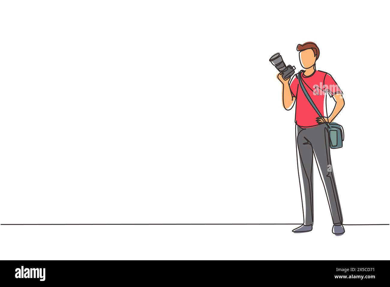 Una linea continua che disegna paparazzi e giornalisti, in piedi con fotocamera digitale e borsa imbracatura. Fotografo professionista che scatta foto Illustrazione Vettoriale