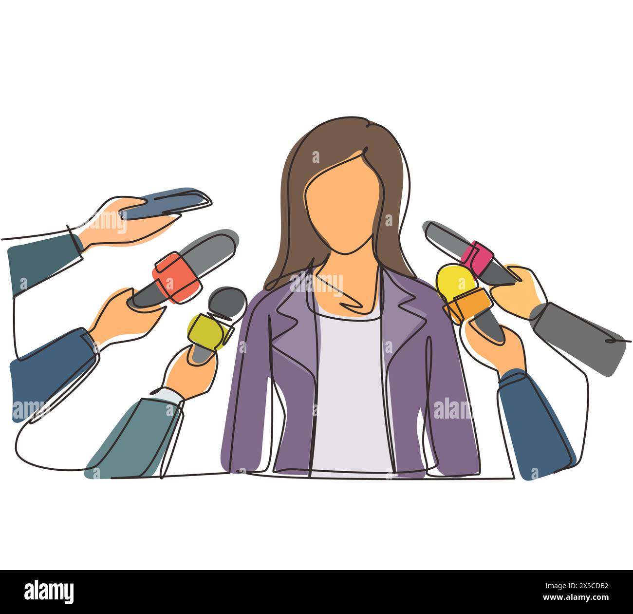Una donna che disegna una linea continua che fa un'intervista. Le mani dei giornalisti tengono i microfoni. Concetto di notizie, elezioni, interviste, commenti, po Illustrazione Vettoriale