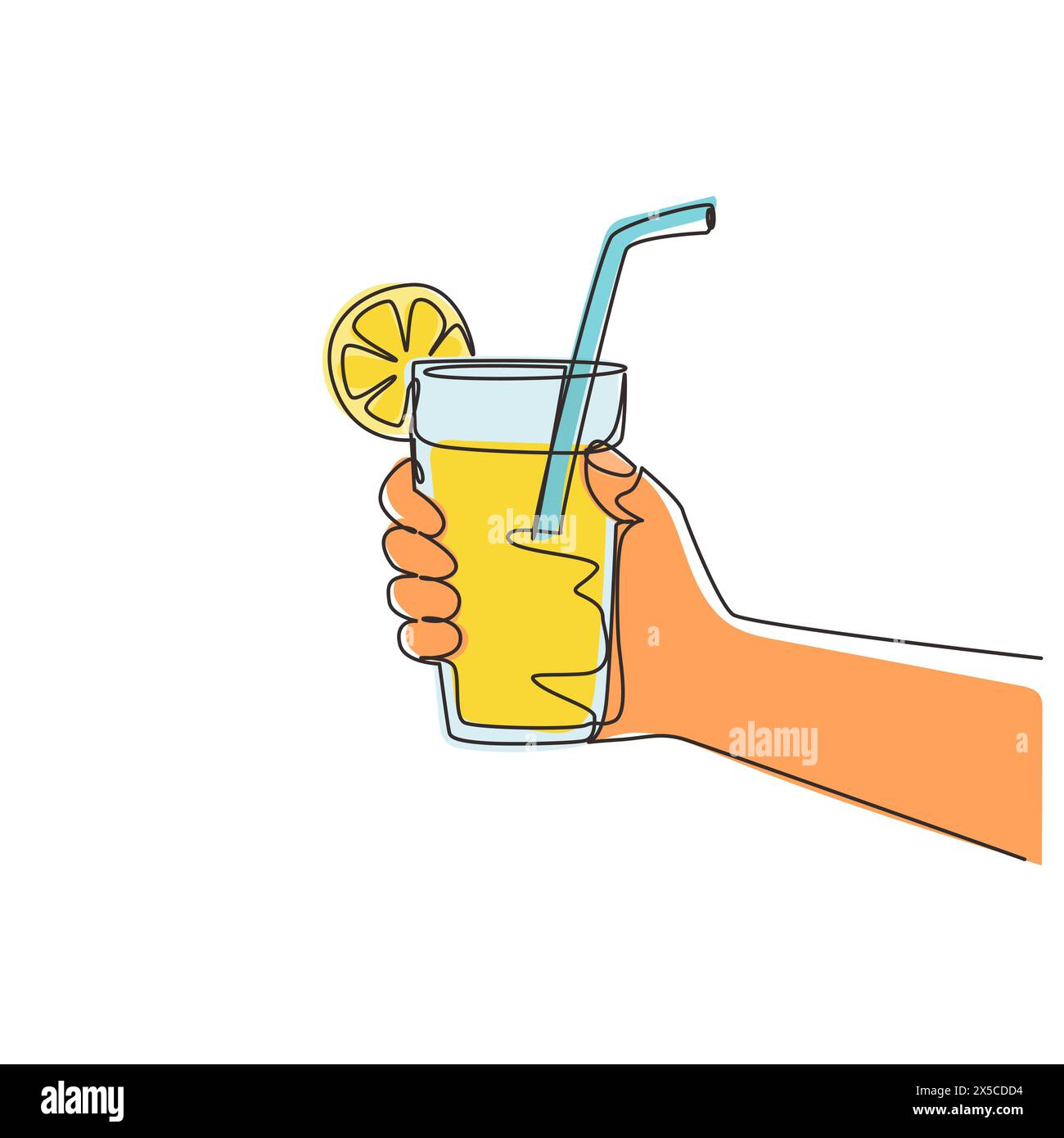 Limonata singola a linea continua servita con cubetti di ghiaccio, con bicchieri rinfrescanti per bevande a mano. Bevanda fatta di succo di limone fresco. Acqua succosa wi Illustrazione Vettoriale