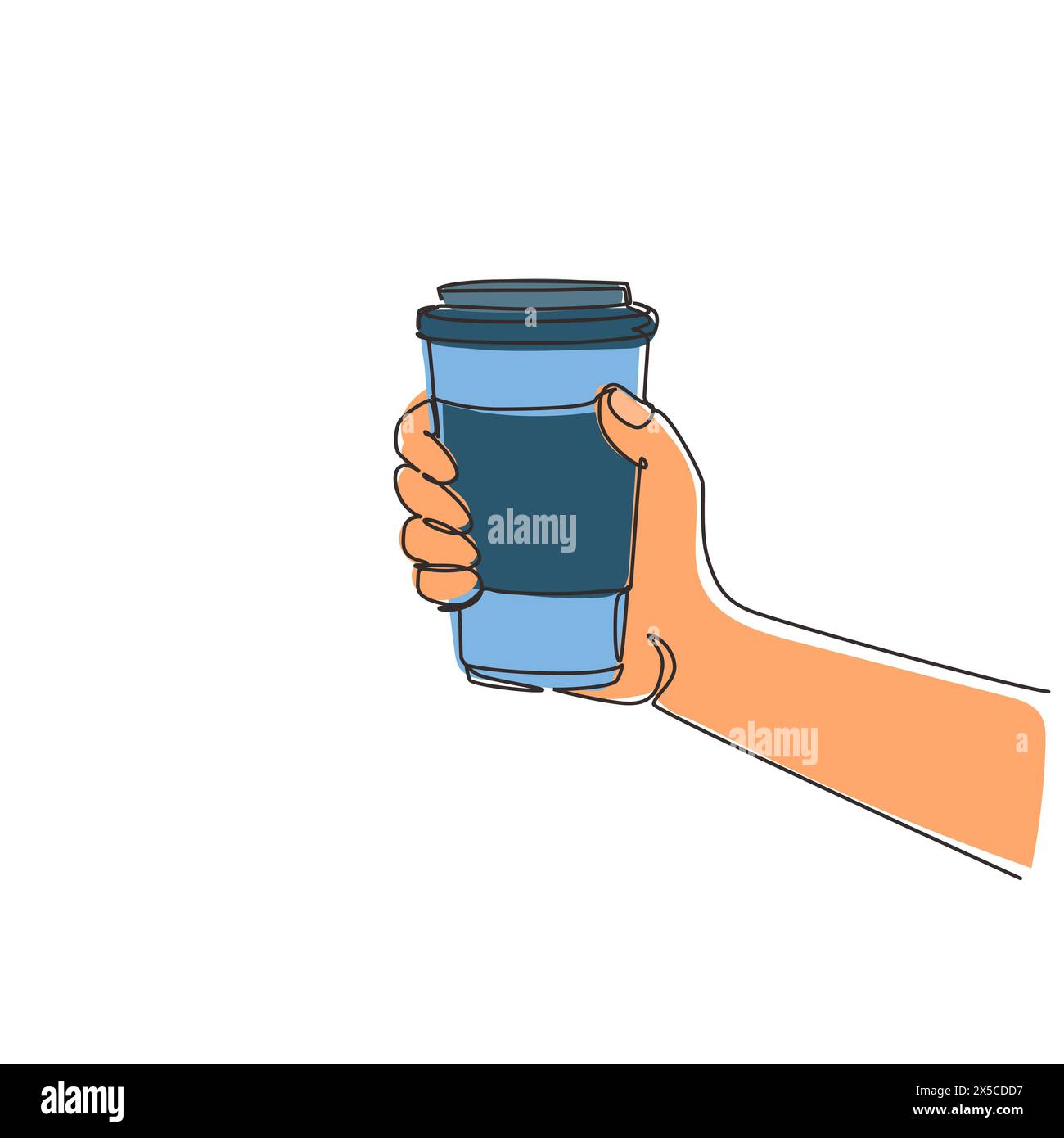 Una sola linea disegna le mani nella vista laterale reggi la carta per portare via tazze di caffè o tè. Tazza riutilizzabile di caffè caldo con la mano. Zero sprechi. Continu Illustrazione Vettoriale