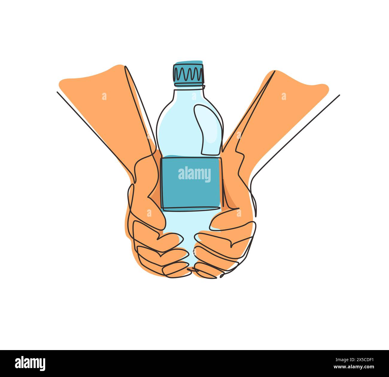 Linea singola continua per disegnare le mani tenendo in mano una bottiglia di acqua potabile pura rinfrescante e spruzzare su sfondo caldo con affamati e assetati Illustrazione Vettoriale