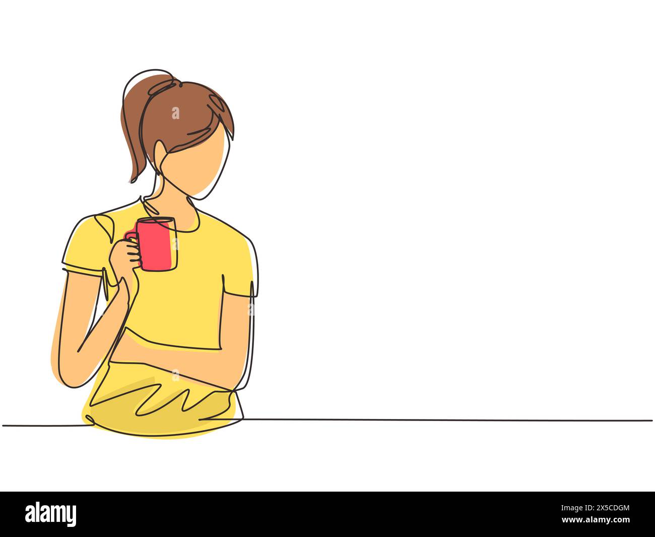 Linea singola continua che disegna una bella donna che si rilassa bevendo e guarda una tazza di caffè o tè caldo. Una ragazza carina si sente felice di fare colazione Illustrazione Vettoriale