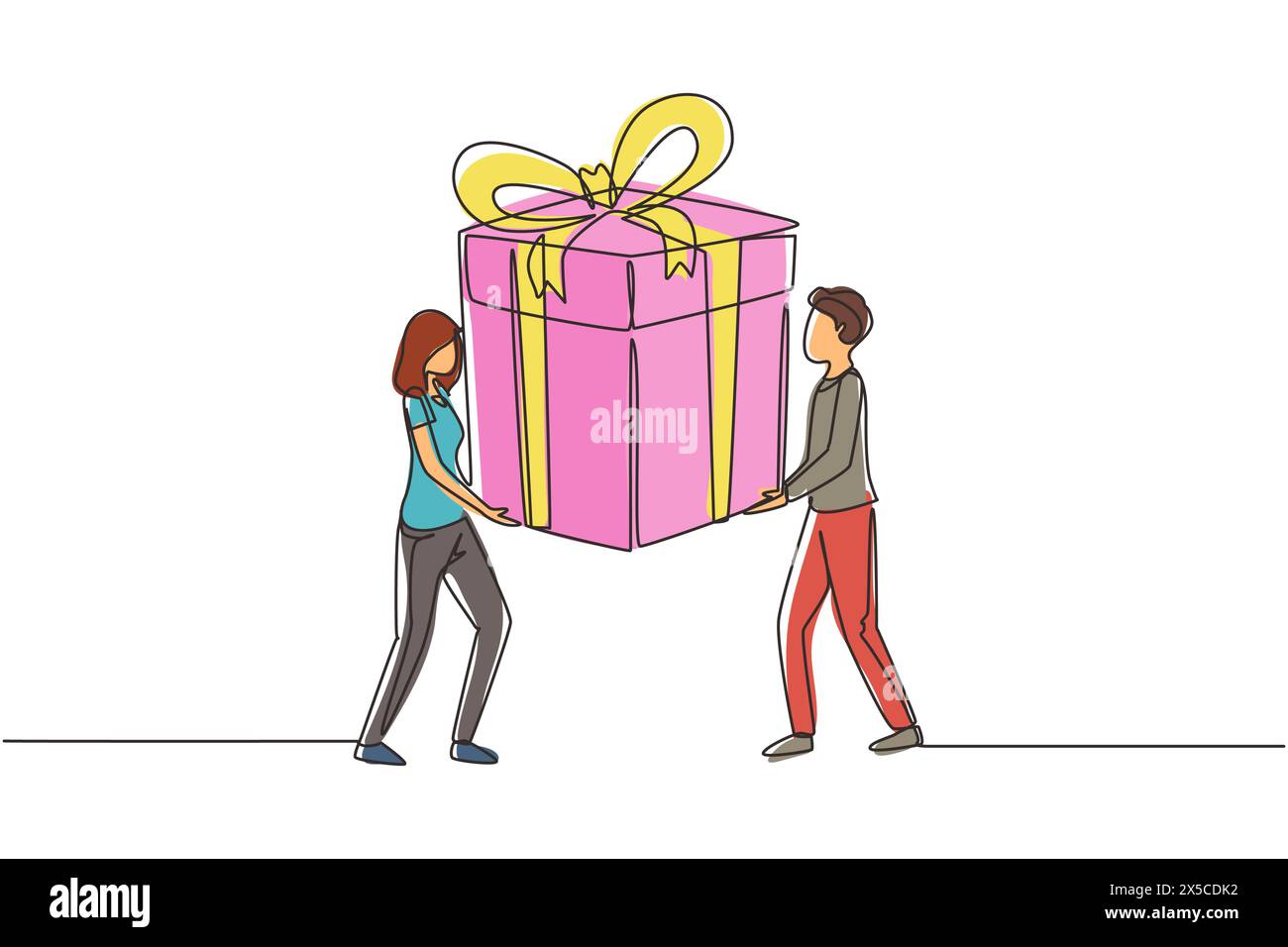 Linea singola continua disegnando coppia felice uomo e donna stanno portando con sé un enorme confezione regalo. Grande bonus o offerta speciale. Buon regalo di compleanno. Attivazione dinamica Illustrazione Vettoriale