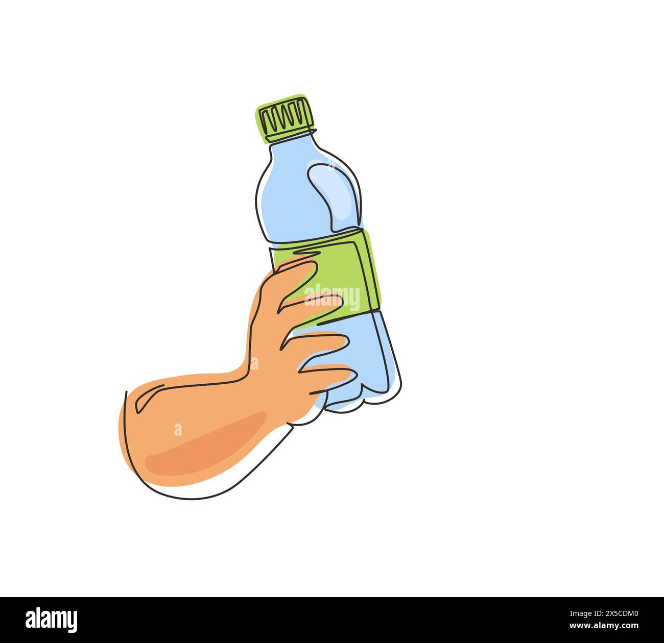 Linea singola continua per disegnare le mani tenendo in mano una bottiglia di plastica di acqua potabile pura rinfrescante. Acqua potabile umana dopo corsa, sport e assistenza sanitaria c Illustrazione Vettoriale