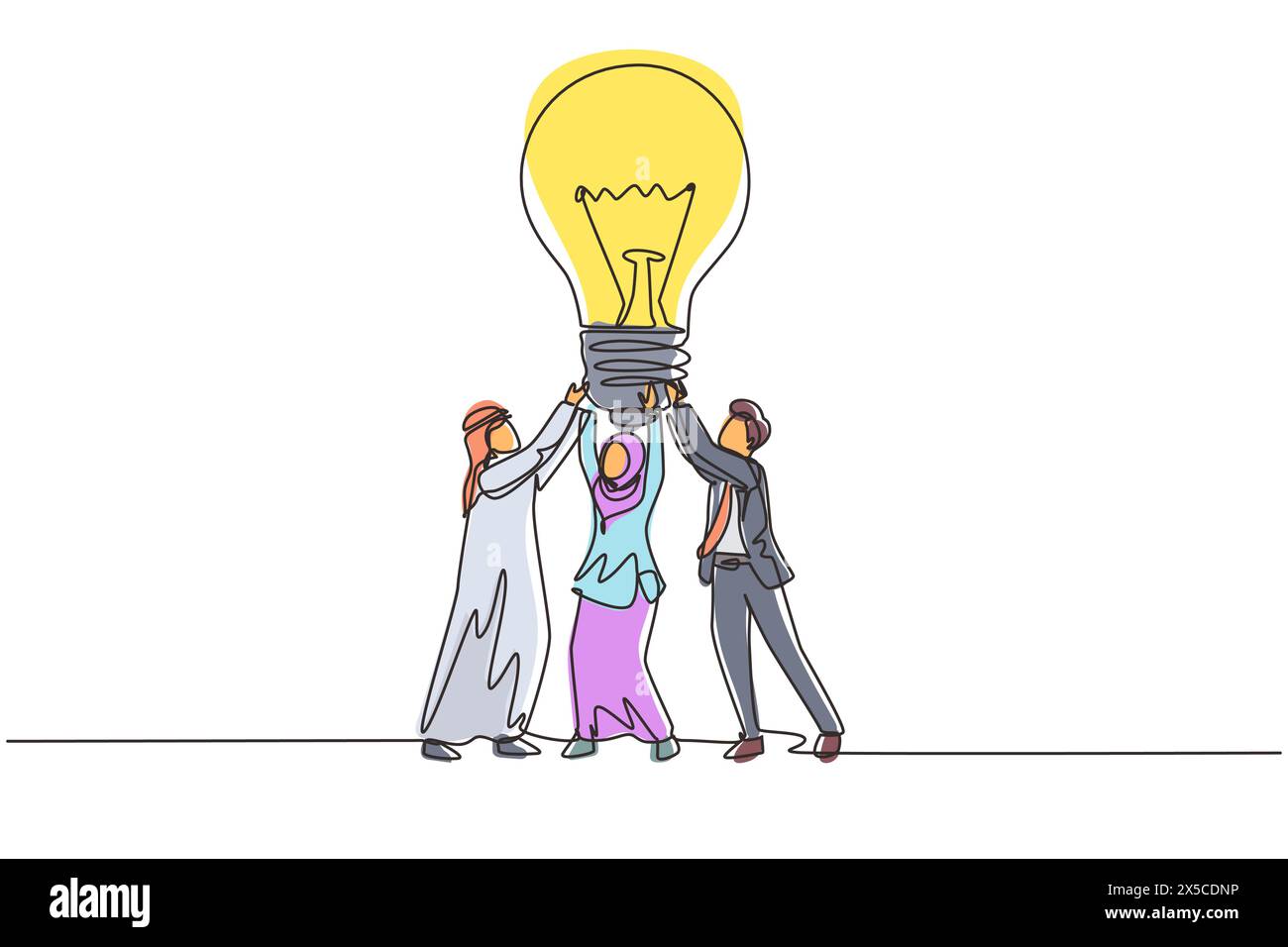 Gruppo di disegno a linea continua singolo persone arabe hanno una nuova idea di lampada enorme. Il successo negli affari si basa sul lavoro di squadra, sulla buona pianificazione, sulla ricerca di sol creativi Illustrazione Vettoriale