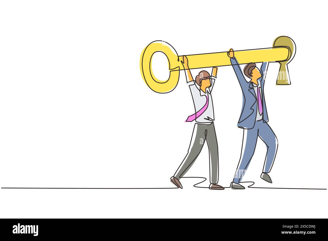 Una linea continua che disegna il concetto di business key con due figure maschili che indossano tute mentre sollevano e inseriscono l'enorme chiave nel buco della serratura. Affari Illustrazione Vettoriale