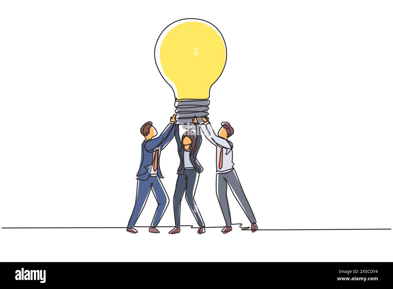 Gruppo di disegno su una sola linea le persone hanno una nuova idea di lampada enorme. Il successo aziendale si basa sul lavoro di squadra, su una buona pianificazione e sulla ricerca di una soluzione creativa per la crescita Illustrazione Vettoriale