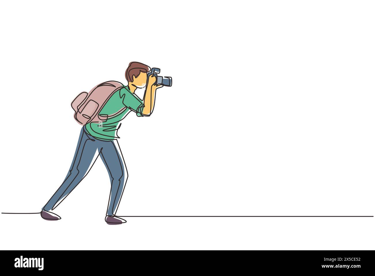 Giornalista o reporter con disegno su una sola linea con zaino che fa foto. Fotografi di paparazzi che scattano foto con fotocamere digitali dslr. Conti Illustrazione Vettoriale