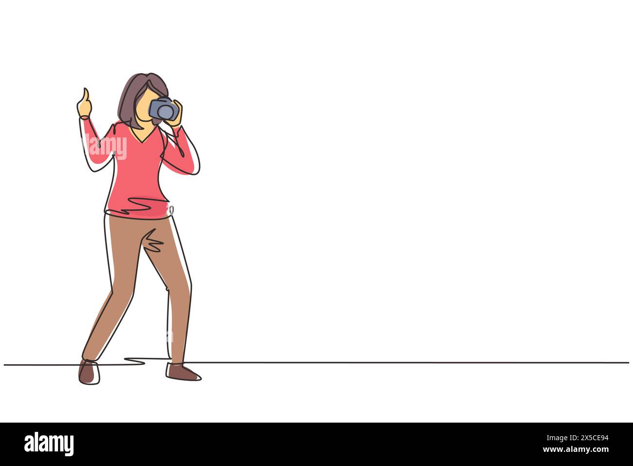 Linea singola continua che disegna una donna simpatica fotografa in piedi, con il pollice in alto, tenendo in mano la fotocamera e fotografando. Professione creativa o occ Illustrazione Vettoriale