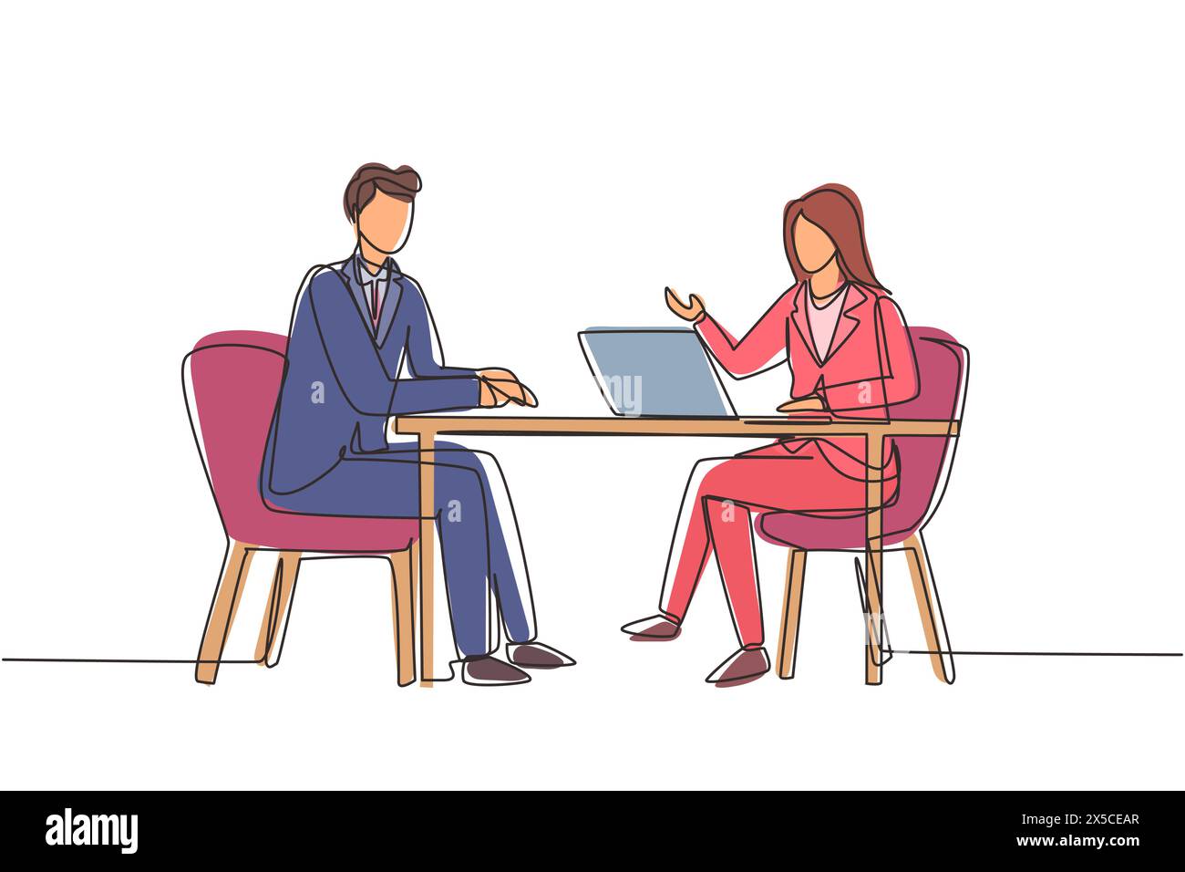 Un'unica donna di disegno a linee continue giornalista che intervista un ragazzo alla scrivania. Microfono, discussione, discorso. Social media, concetto di comunicazione. Dinamica Illustrazione Vettoriale