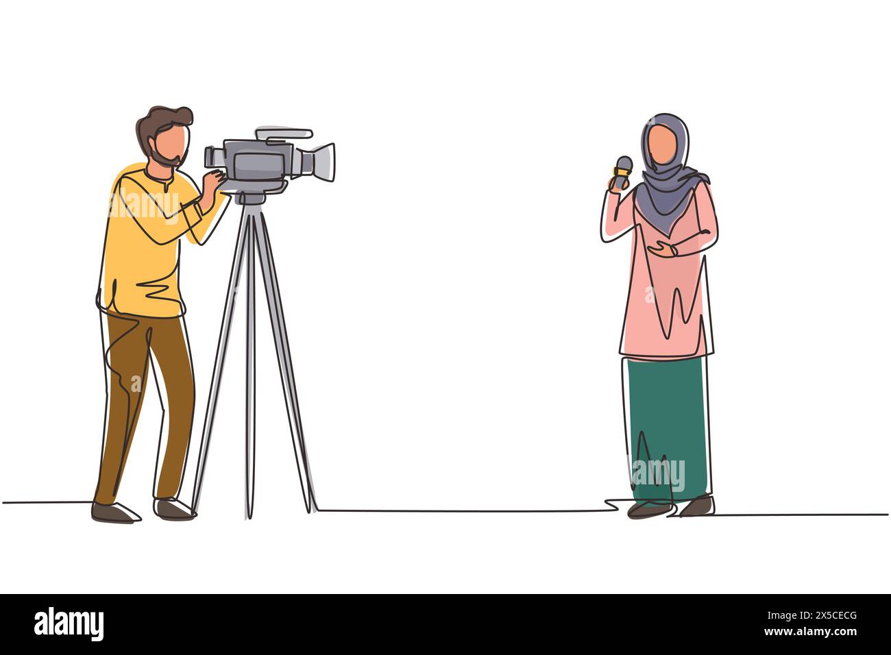 Singola linea continua che disegna una donna araba reporter. Giornalisti da segnalare. Due giornalisti arabi. Squadra di donna reporter giornalista uomo operatore Broa Illustrazione Vettoriale