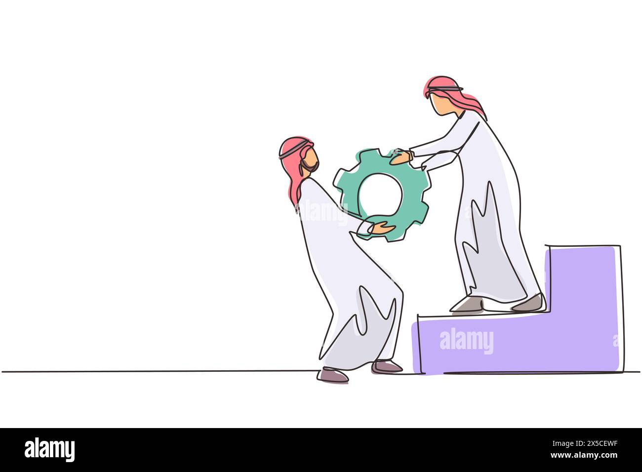Linea singola continua che attira uomini d'affari arabi che aiutano il suo partner a sollevare ingranaggi o attrezzature in cima alle scale. Lavoro di squadra, raggiungimento degli obiettivi, soluzione, suc Illustrazione Vettoriale
