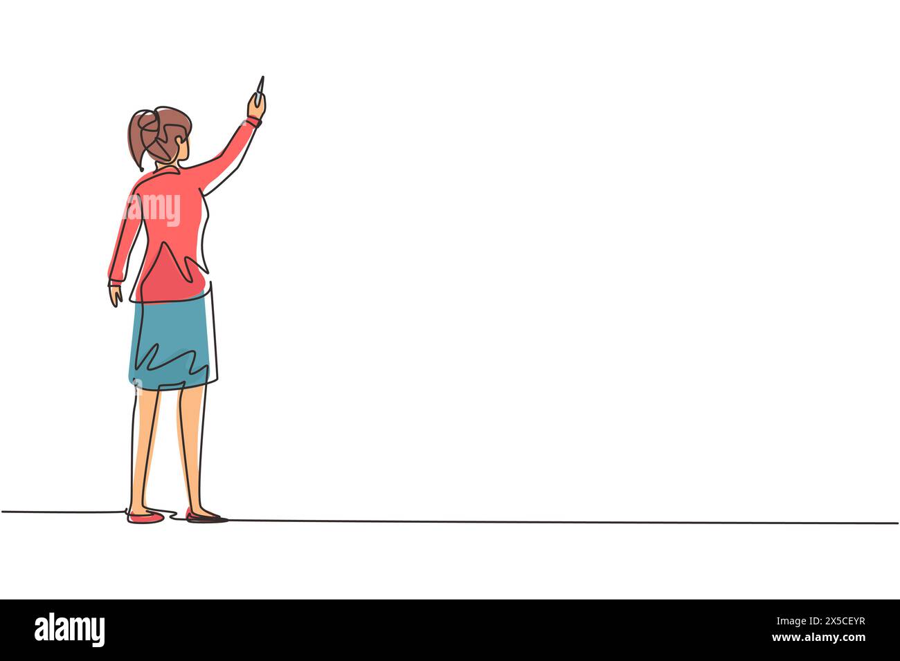 Linea singola continua che disegna la vista posteriore di una donna insegnante o studentessa che scrive formule sulla lavagna della classe tenendo il gesso nella mano destra. Università o. Illustrazione Vettoriale