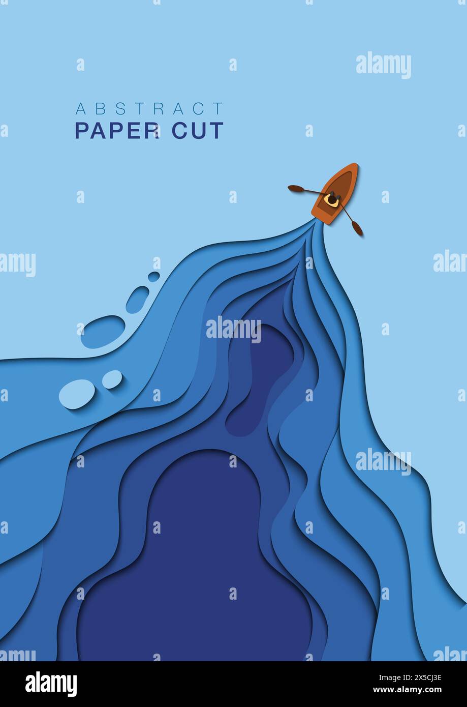 Immagine di un uomo che canta una barca su una superficie di acqua blu con effetto di taglio della carta. Progettazione di copertine, presentazioni o altre stampe di libri. Spazio copie superiore Illustrazione Vettoriale
