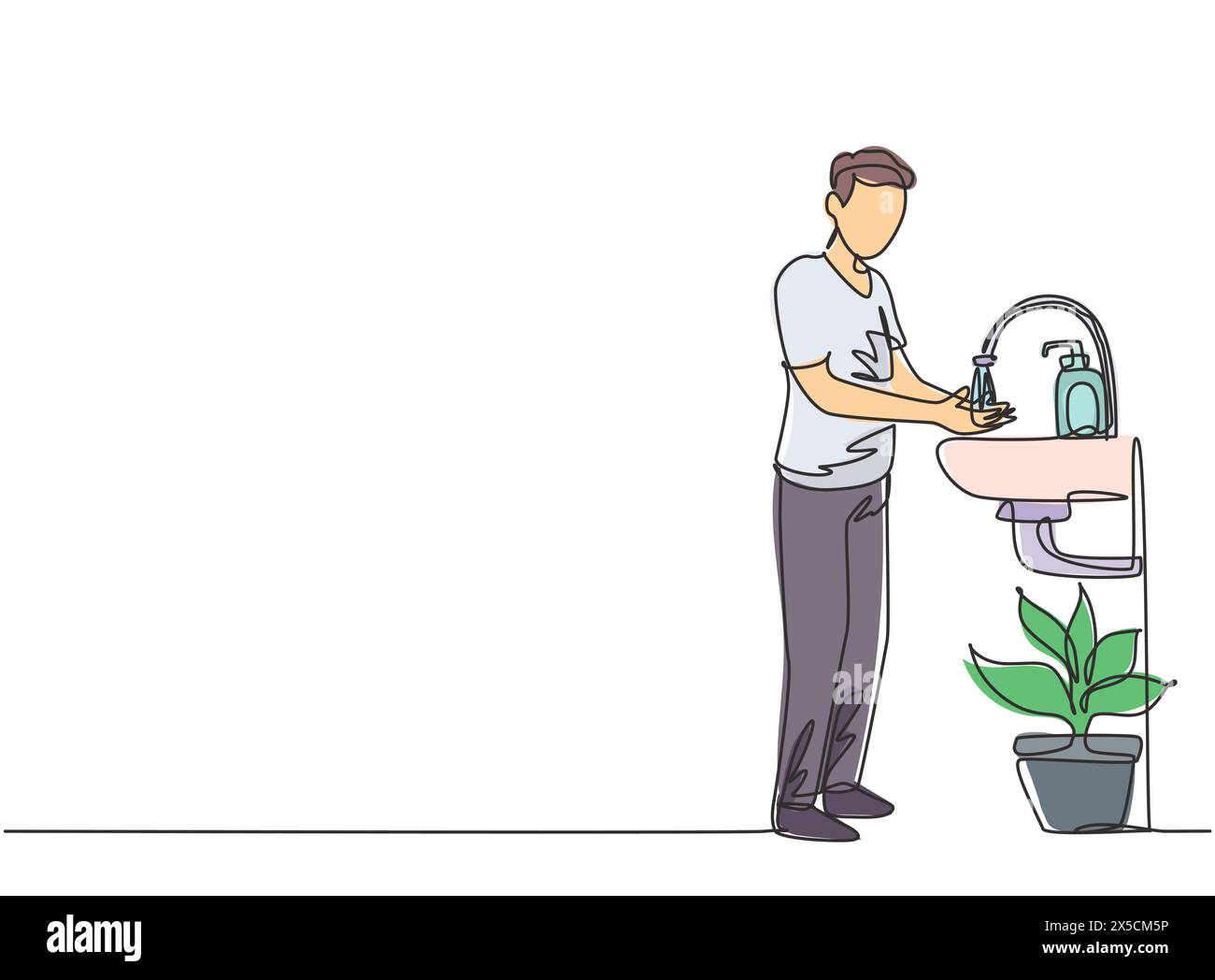 Linea singola continua che disegna un uomo si lava le mani nel lavandino, c'è un dispenser di sapone accanto al rubinetto e c'è una pentola di piante sotto il lavandino Illustrazione Vettoriale