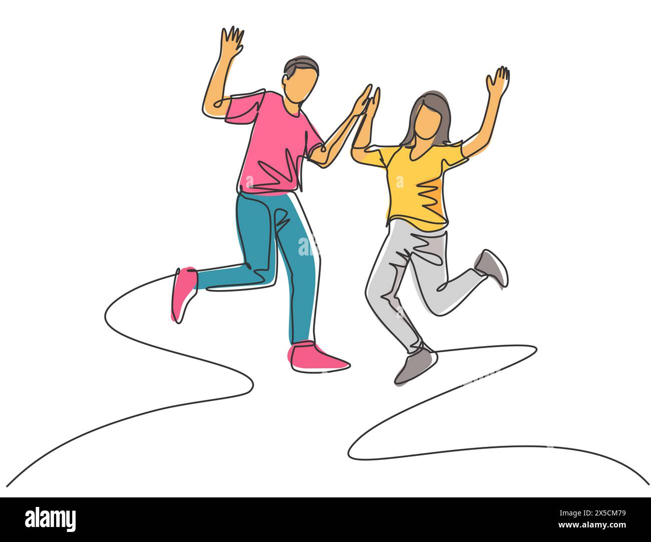 Disegno in linea singola di giovani coppie di studenti felici che saltano per celebrare insieme il loro risultato finale dell'esame. Concetto di educazione alla vita del campus. Con Illustrazione Vettoriale