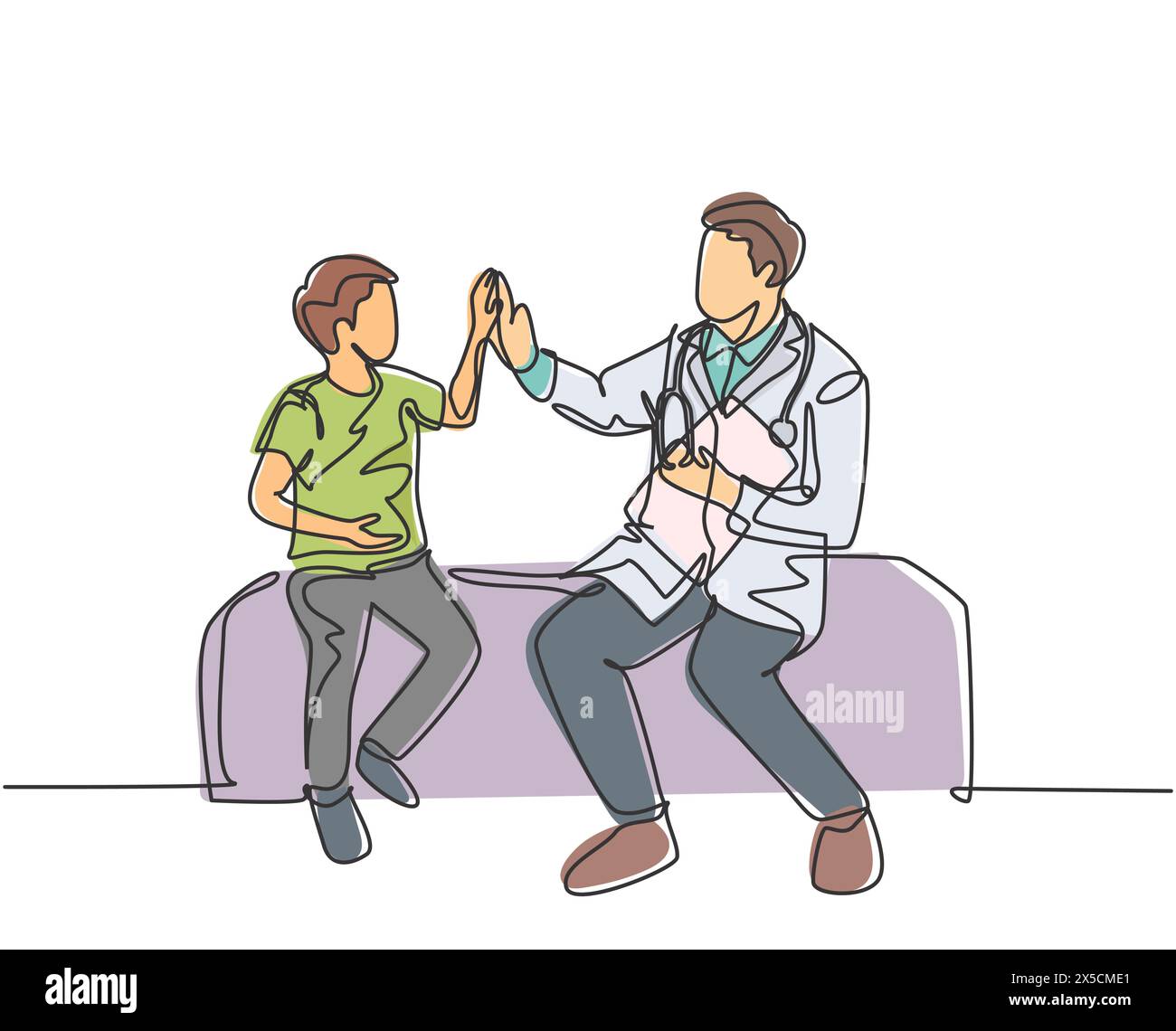 Disegno in linea singola del giovane medico felice maschile che controlla il ragazzo malato paziente e dare alto cinque gesto. Concetto di trattamento del servizio sanitario. Illustrazione Vettoriale