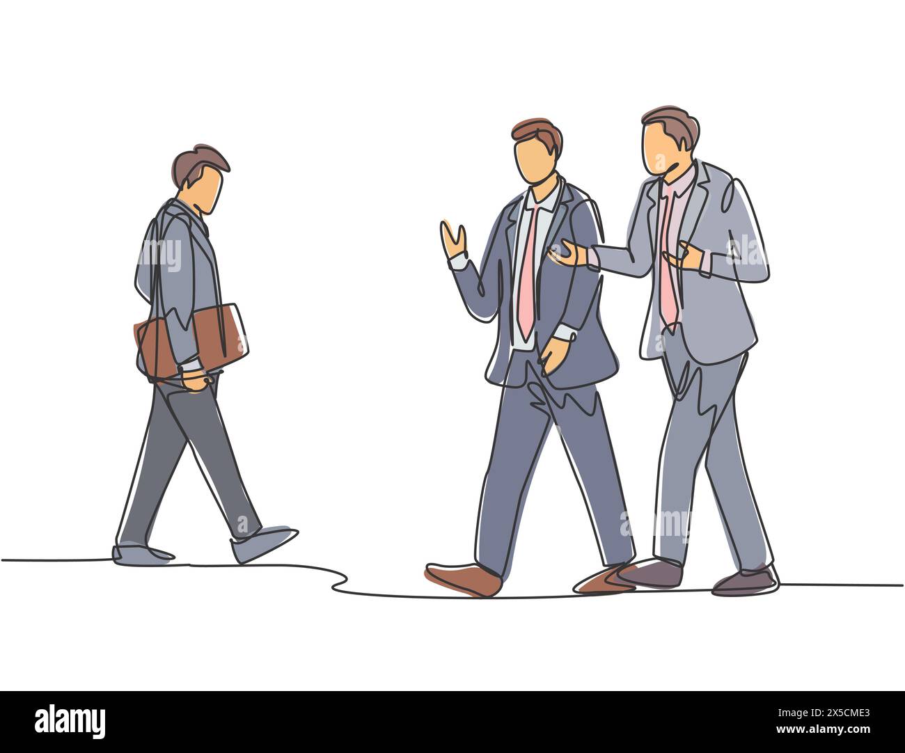 Un disegno continuo della linea singola dei giovani uomini d'affari felici che parlano ai suoi colleghi quando camminano avvicinandosi all'ufficio. Concep. Conversazione aziendale Illustrazione Vettoriale