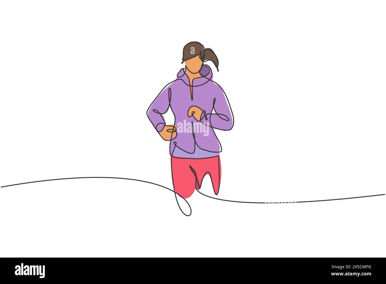 Un disegno continuo di una giovane donna atleta si rilassa correndo in campagna. Stile di vita sano e divertente concetto di jogging. Singolo dinamico Illustrazione Vettoriale