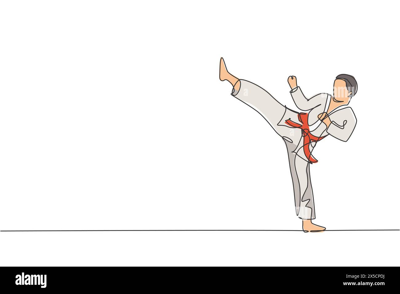 Singola linea continua disegno di giovane sicuro karateka in kimono praticando il combattimento di karate al dojo. Concetto di allenamento per l'arte marziale. Alla moda Illustrazione Vettoriale