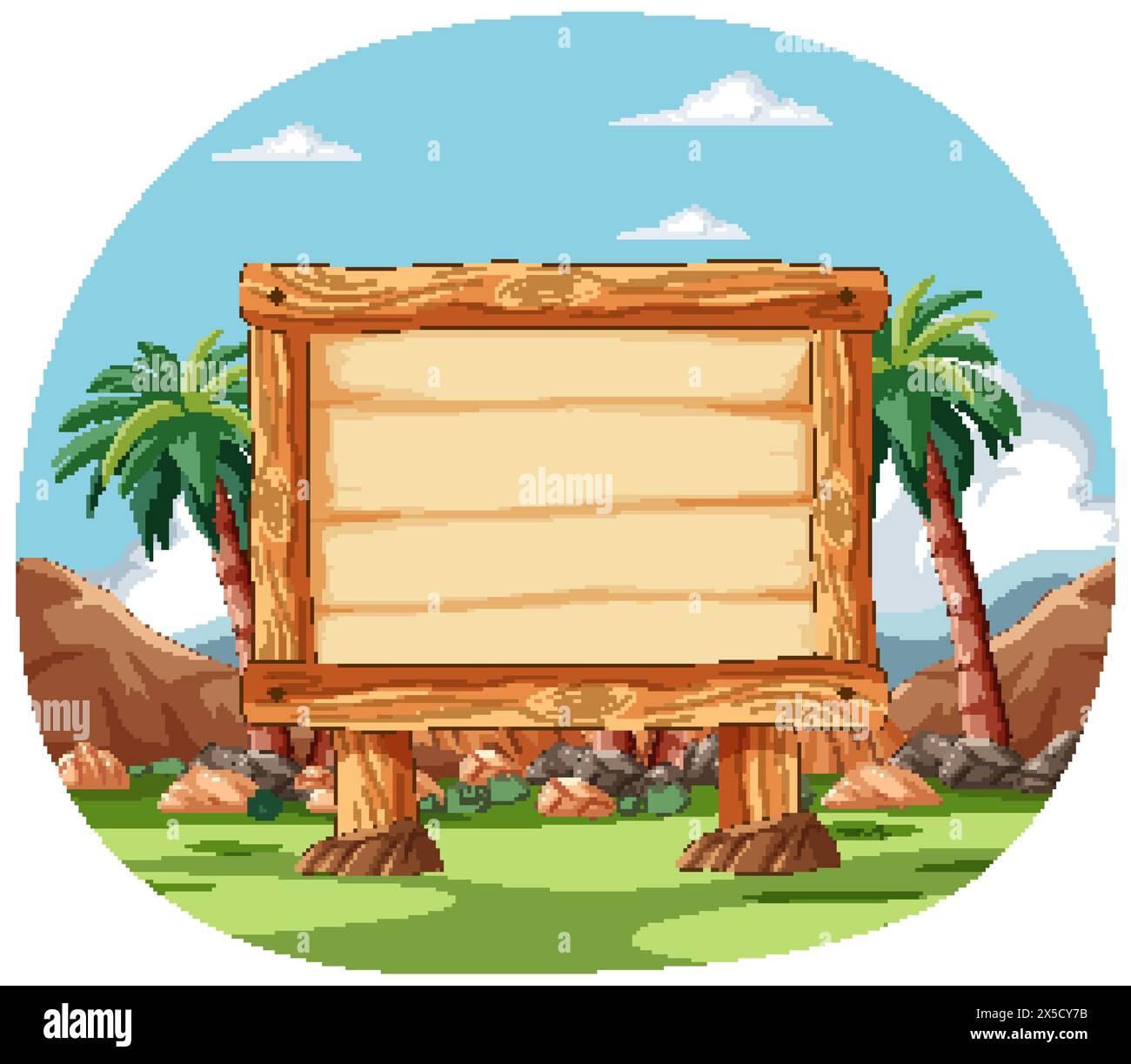 Cartellone in legno cartoni animati in un'oasi del deserto Illustrazione Vettoriale