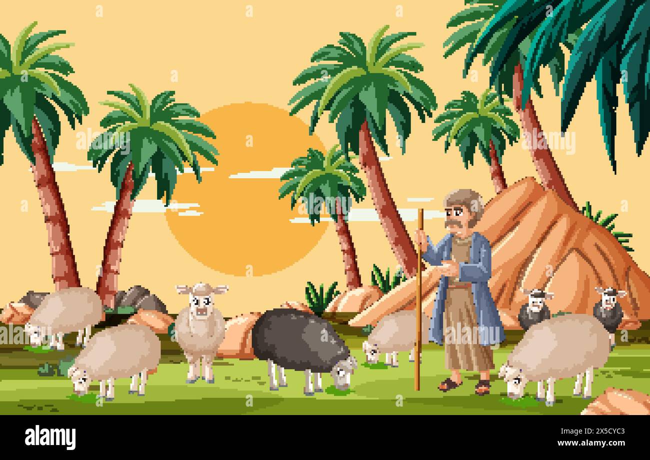Pastore e pecore sotto le palme al tramonto Illustrazione Vettoriale