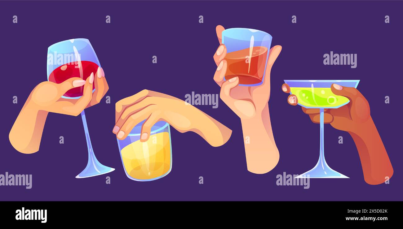 Tenere a mano un bicchiere con cocktail per la festa. Tazza alcolica con birra, whisky, martini e vino per allietare l'icona dell'azienda amica isolata sullo sfondo. Festa di compleanno in gruppo di persone mento soda Illustrazione Vettoriale