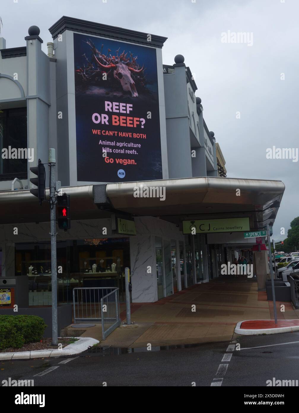 Pubblicità digitale della PETA che sostiene che mangiare carne di manzo uccide la barriera corallina (grande Barriera Corallina), pubblicità di strada, Cairns, Queensland, Australia. No P Foto Stock