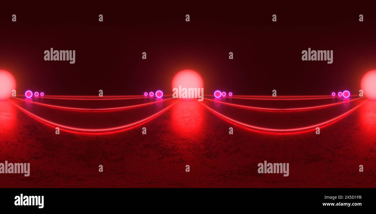 HDRI. Linee al neon brillanti. Panorama sferico completo a 360 gradi. Riflessi a terra, luci, sfondo retrò astratto vintage, ultravioletti, spettro Foto Stock