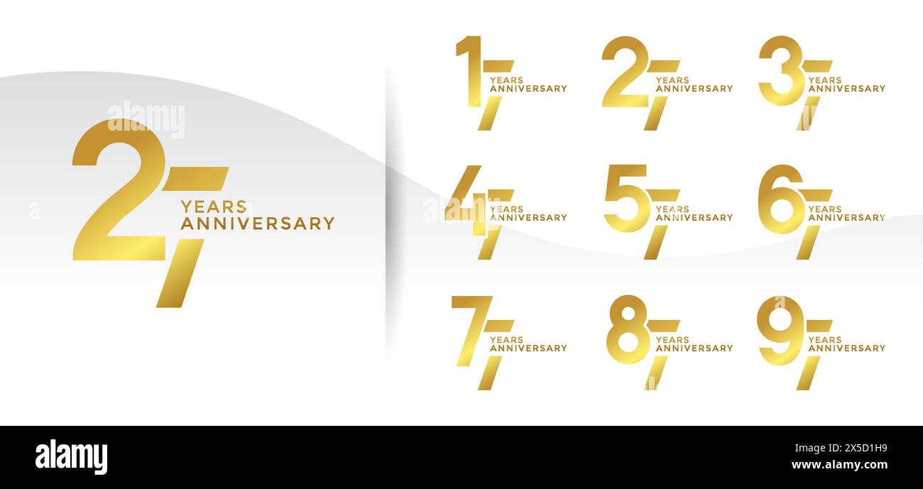Set di logotipo Anniversary color oro con sfondo bianco per festeggiare Illustrazione Vettoriale