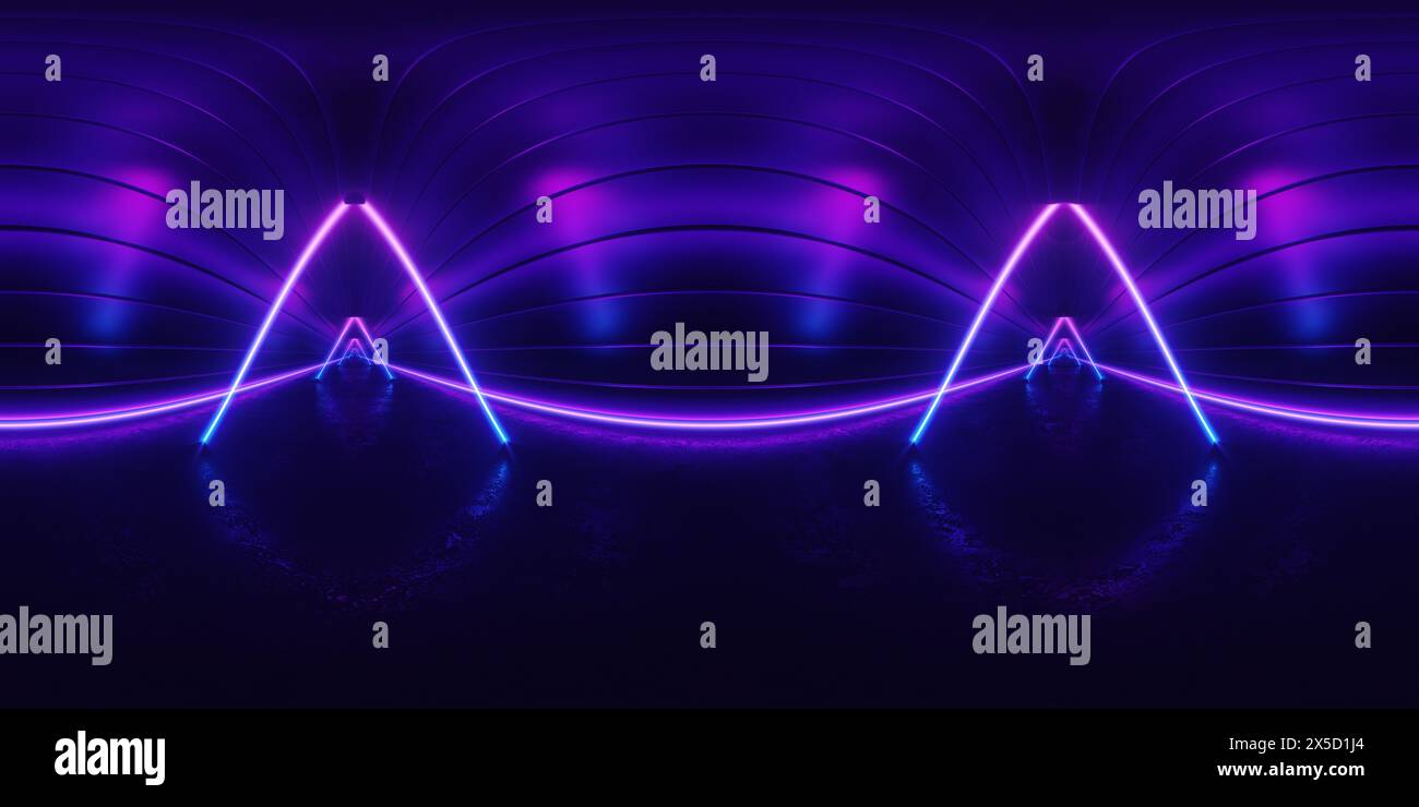 HDRI. Linee al neon brillanti. Panorama sferico completo a 360 gradi. Riflessi a terra, luci, sfondo retrò astratto vintage, ultravioletti, spettro Foto Stock